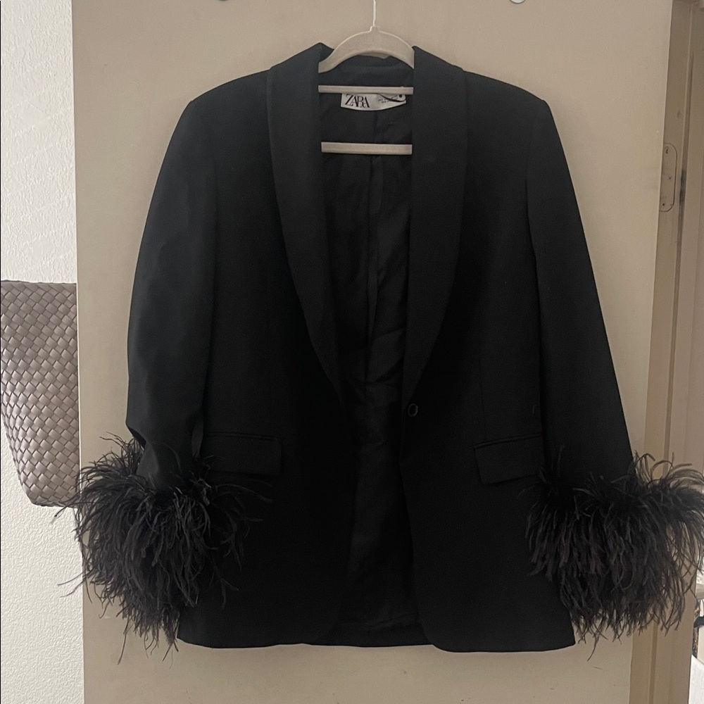 Zara Black Jacket with Feathered Sleeves